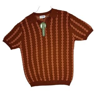 Oxknit Mens Brown Orange Geometric Knit Polo Shirt Retro 70s Cotton Sweater 3XL